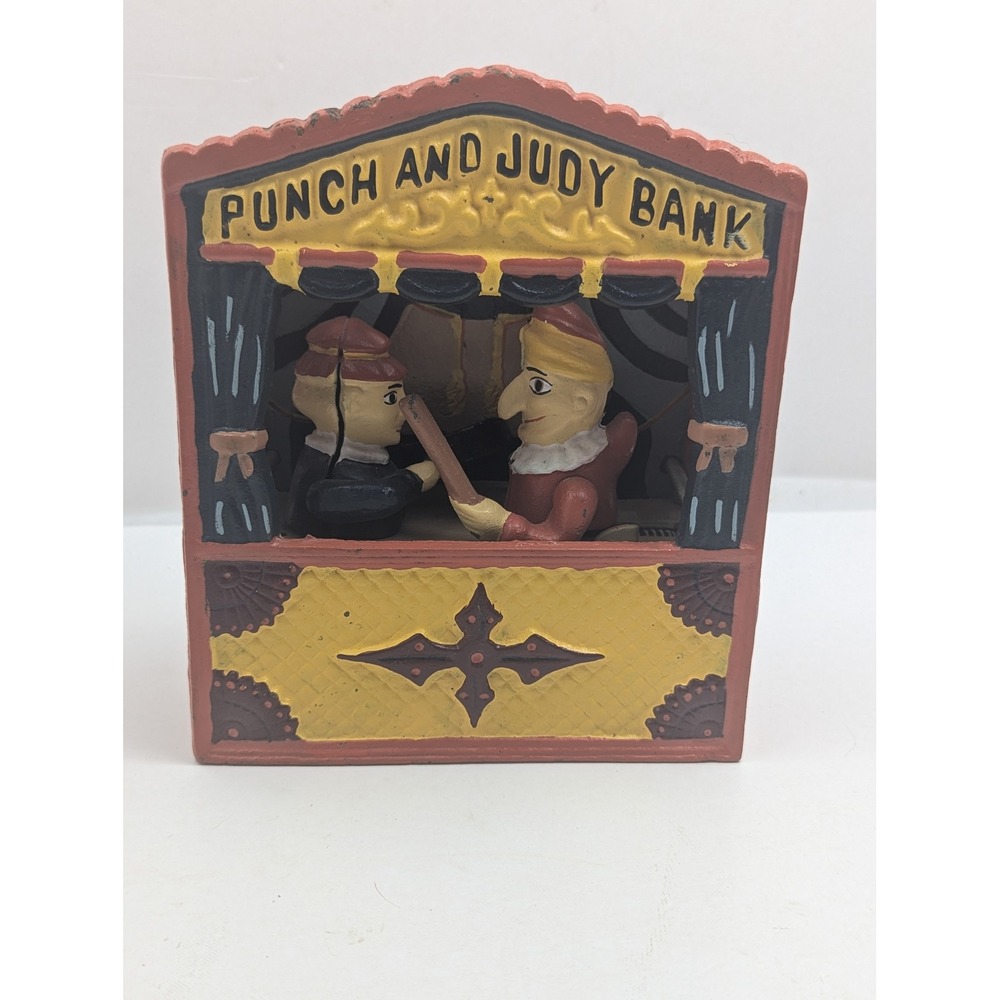 Punch and Judy Vintage Cast Iron Coin Bank Puppet Show Collectible Remake